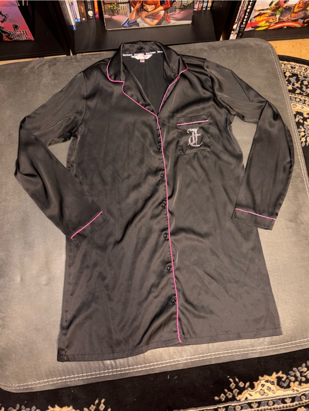 Juicy Couture Black Satin Button Up Sleep Shirt with Pink Logo Trim